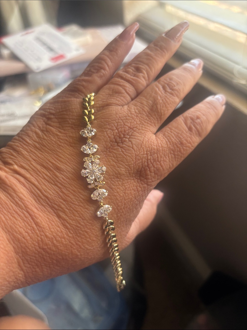 Gold & Clear Crystal Floral Bracelet - Women Jewelry. Laminated Gold